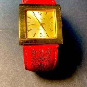 Joan Rivers Classics Red Tooled Leather Bracelet Watch Never Worn New Battery